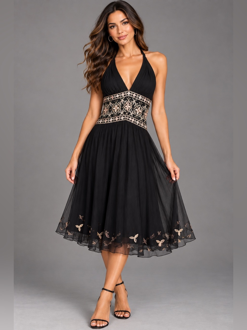 Adrianna Papell Black Embroidered Halter Formal Cocktail Dress Size 10